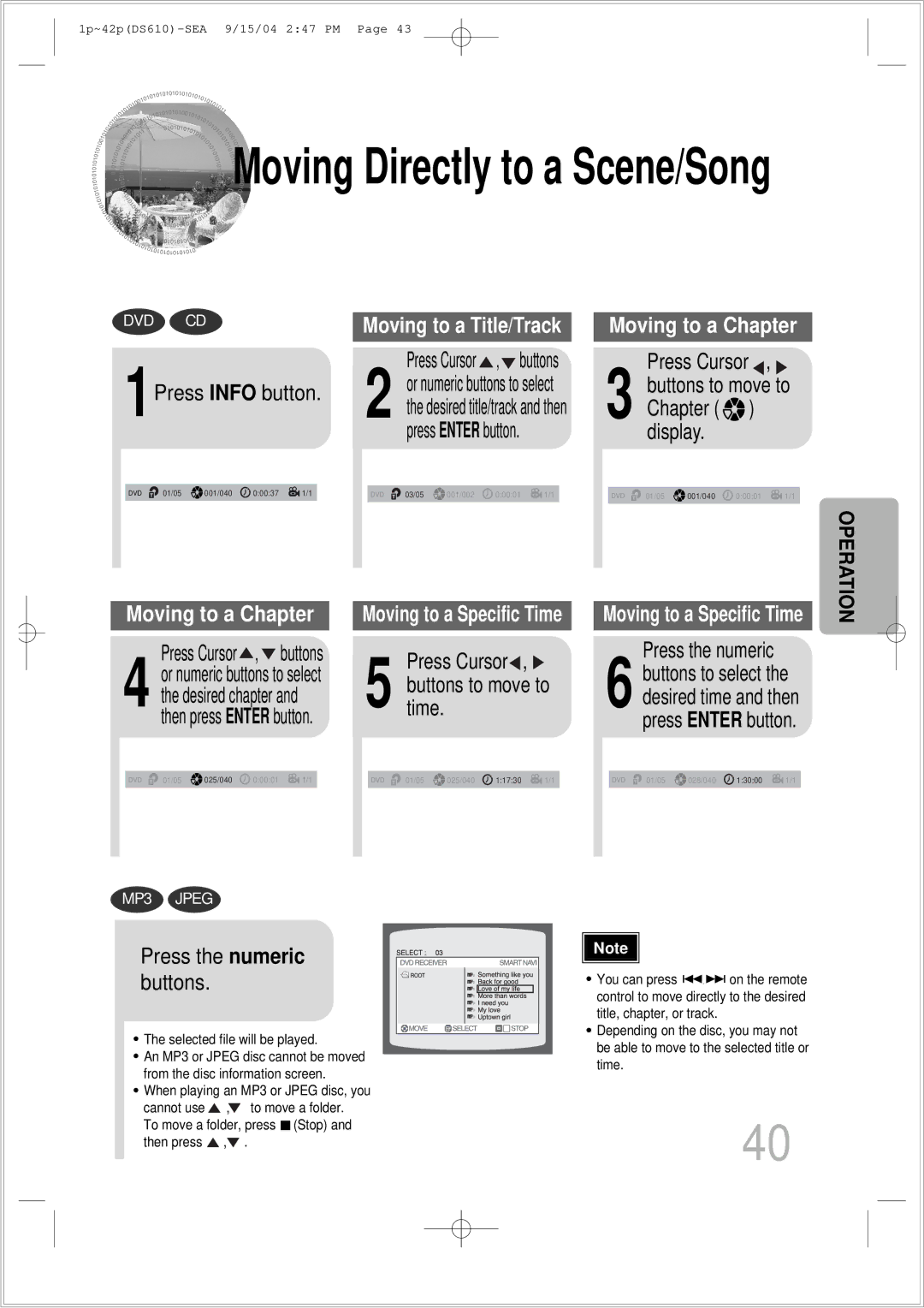 Samsung HT-DS610 instruction manual 1Press Info button, Press Cursor , buttons, Chapter display, Press the numeric 