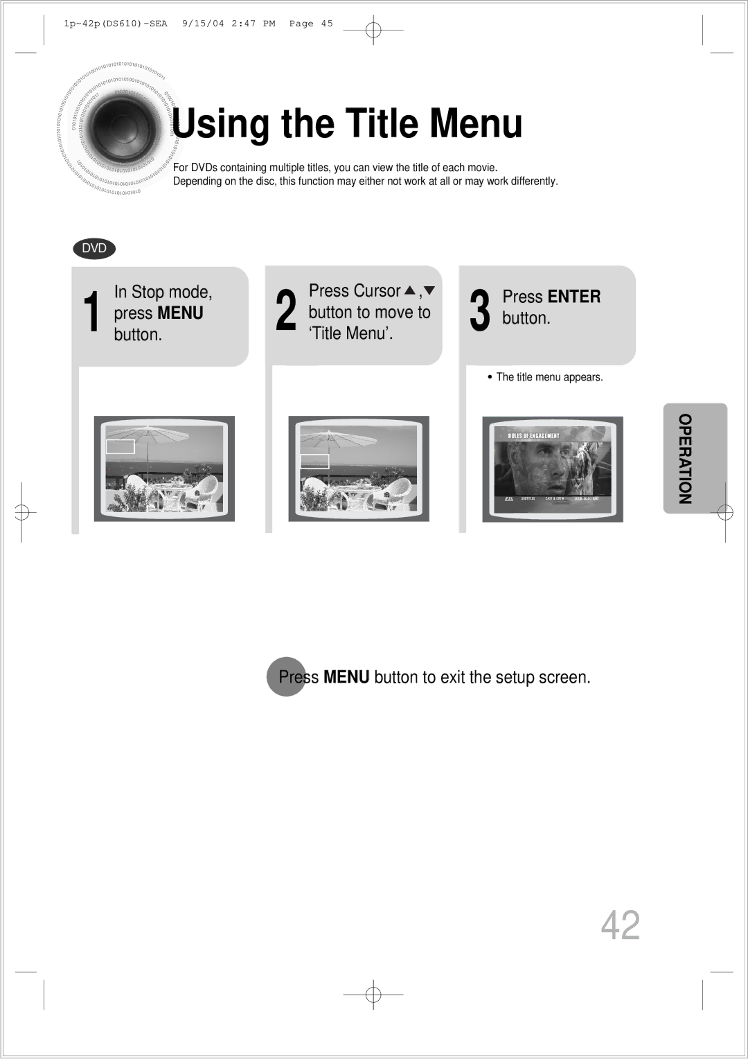 Samsung HT-DS610 instruction manual Using the Title Menu, Press Menu Button to move to ‘Title Menu’ 