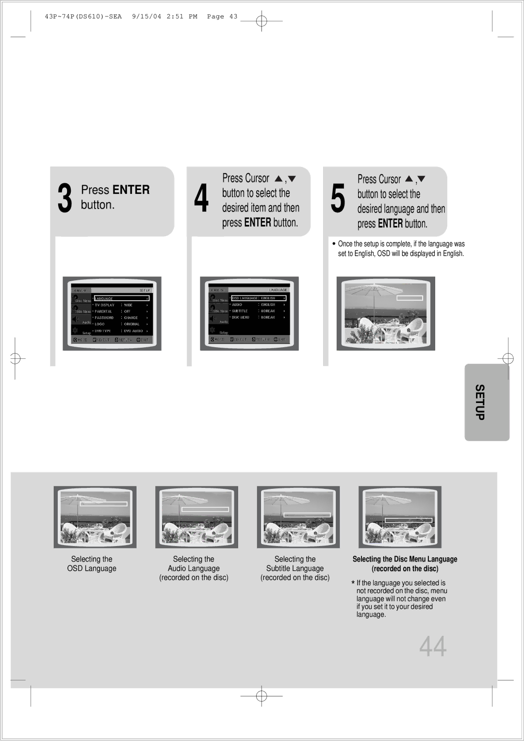 Samsung HT-DS610 instruction manual Press Enter Press Cursor, Button to select 