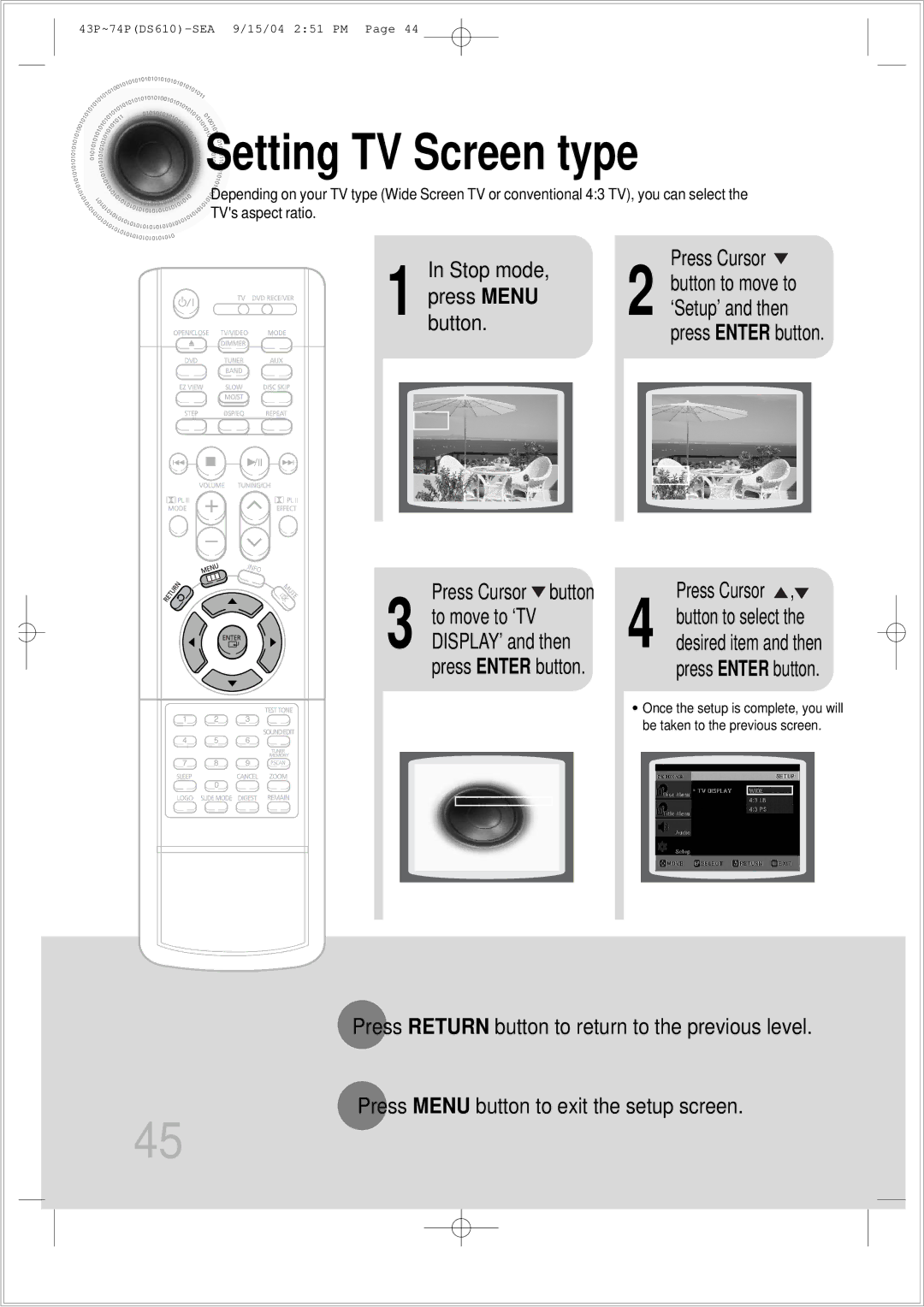 Samsung HT-DS610 instruction manual Setting TV Screen type, Press Cursor button 