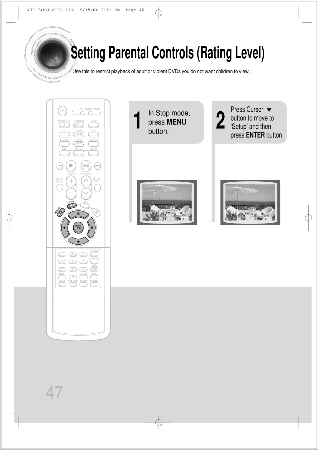 Samsung HT-DS610 instruction manual Setting Parental Controls Rating Level 