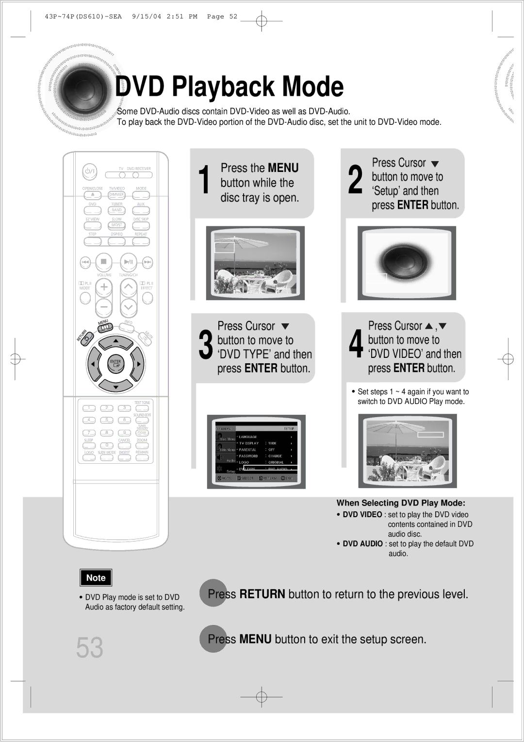 Samsung HT-DS610 DVD Playback Mode, Press the Menu, Press Enter button, Press Menu button to exit the setup screen 