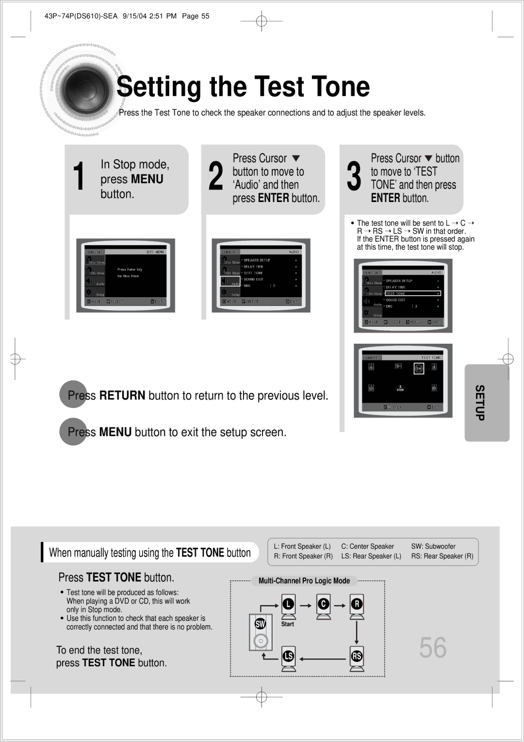 Samsung HT-DS610 instruction manual Setting the Test Tone, ‘Audio’ and then, Press Test Tone button, To move to ‘TEST 