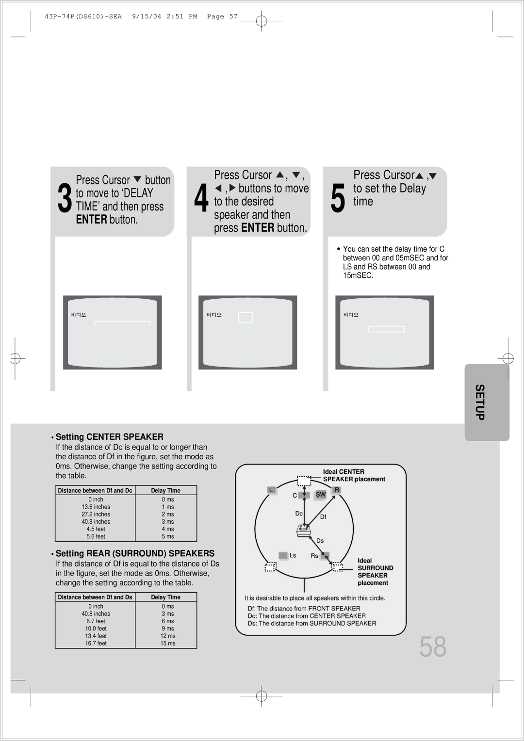 Samsung HT-DS610 instruction manual Time, Press Cursor , 5 to set the Delay 