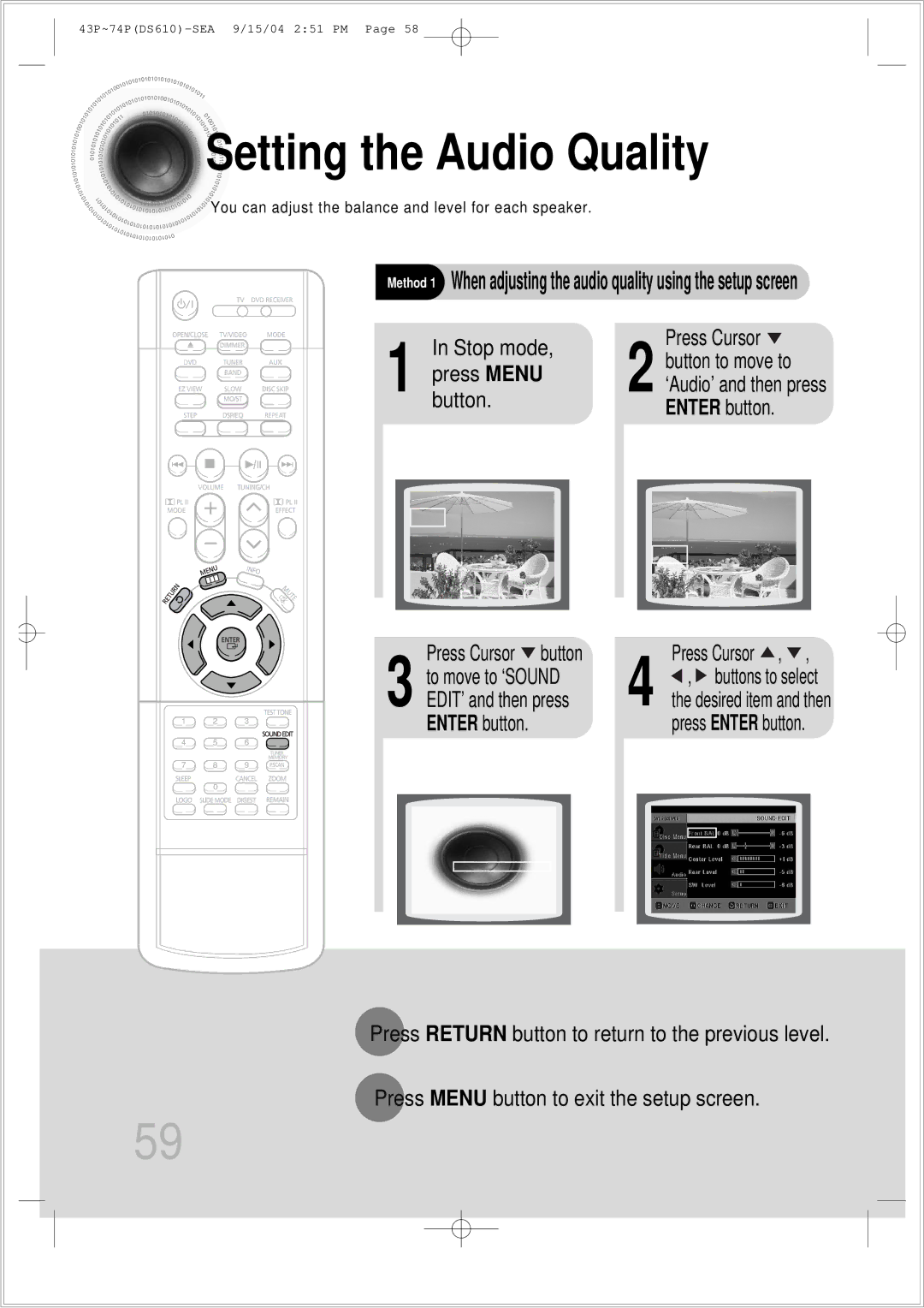 Samsung HT-DS610 instruction manual Setting the Audio Quality, Button Enter button Press Cursor button 