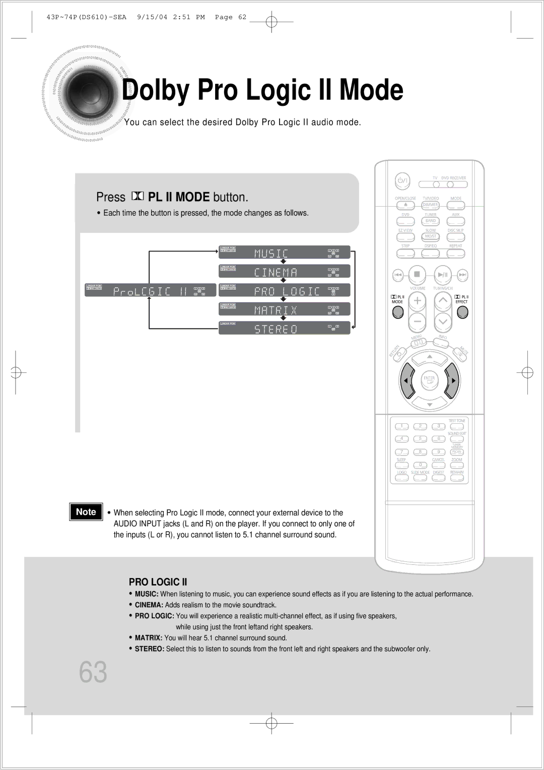 Samsung HT-DS610 instruction manual Dolby Pro Logic II Mode, Press PL II Mode button 