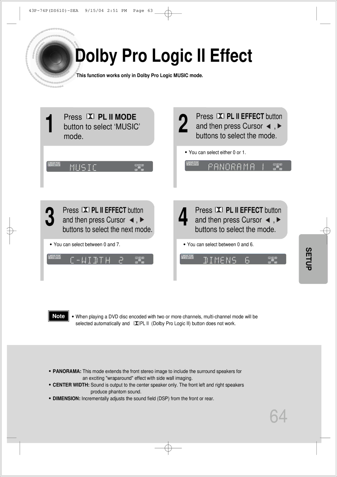 Samsung HT-DS610 Dolby Pro Logic II Effect, Press PL II Mode, Button to select ‘MUSIC’ mode, Press PL II Effect button 