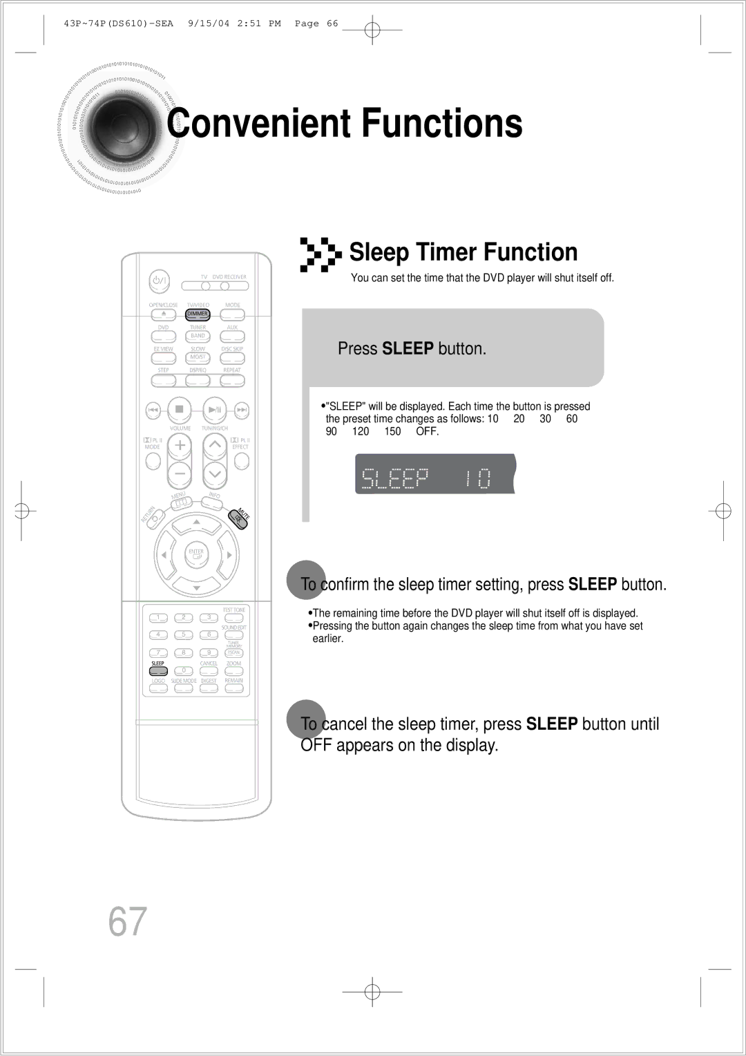 Samsung HT-DS610 Convenient Functions, Press Sleep button, To confirm the sleep timer setting, press Sleep button 