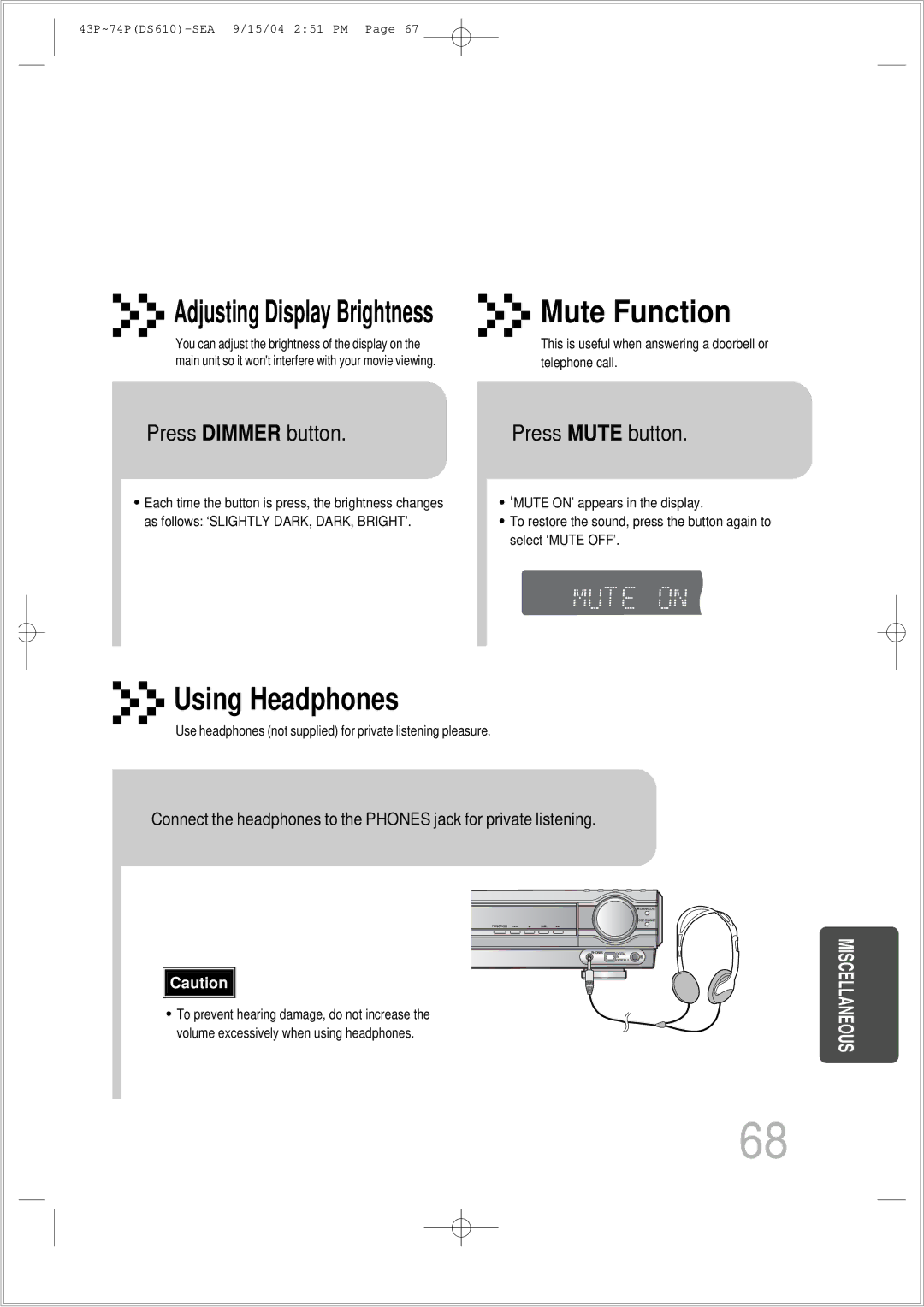 Samsung HT-DS610 instruction manual Press Dimmer button, Press Mute button 