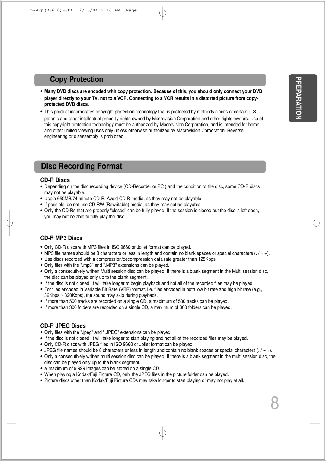 Samsung HT-DS610 instruction manual Disc Recording Format, Copy Protection 