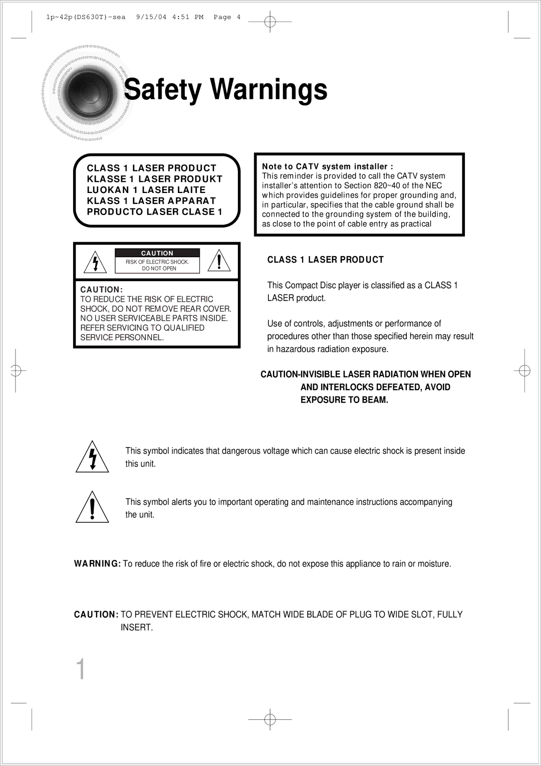 Samsung HT-DS630T instruction manual Safety Warnings, Class 1 Laser Product 