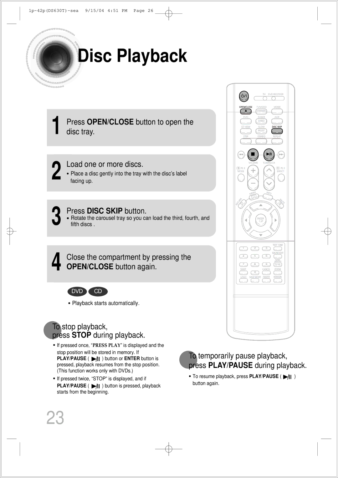 Samsung HT-DS630T instruction manual Disc Playback, Press Disc Skip button, To stop playback Press Stop during playback 