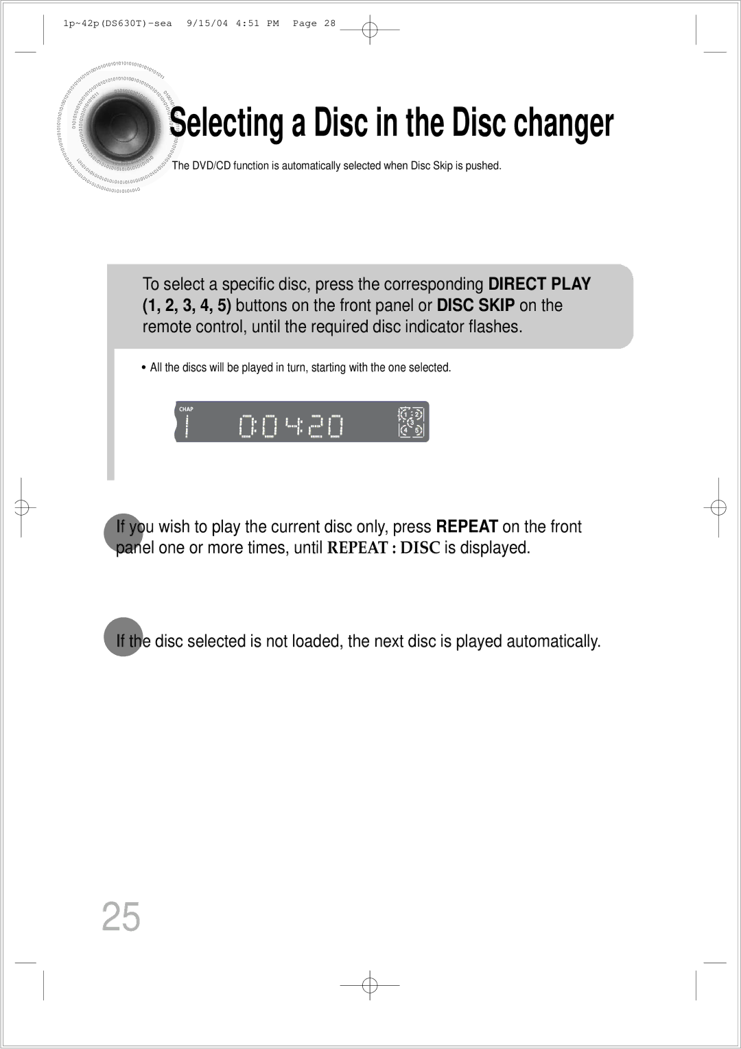 Samsung HT-DS630T instruction manual Selecting a Disc in the Disc changer 