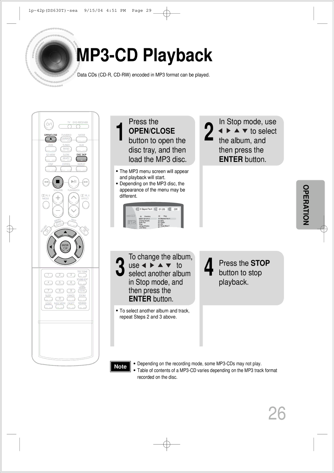 Samsung HT-DS630T instruction manual MP3 -CD Playback, Press, Use, Stop mode, Playback 