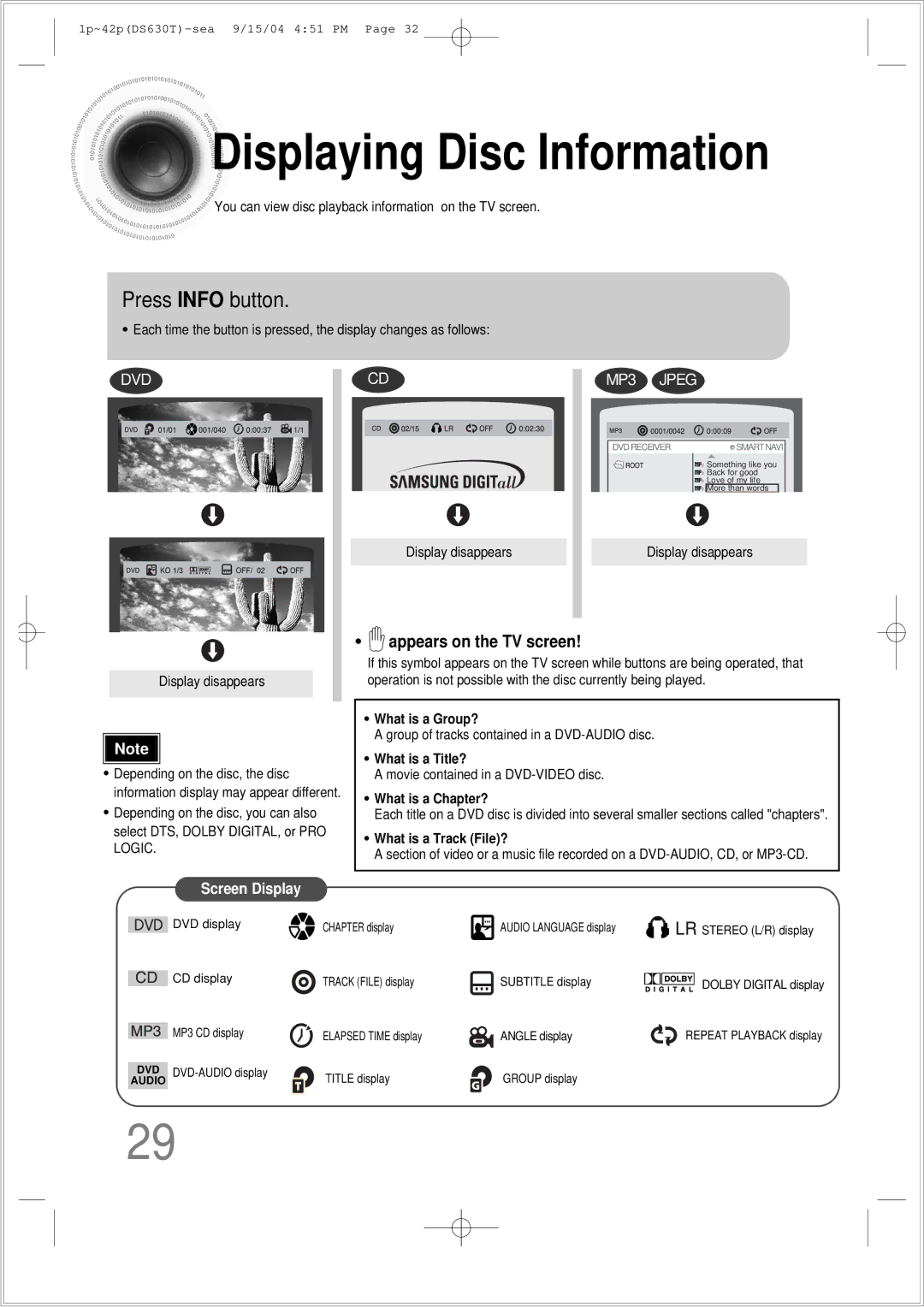 Samsung HT-DS630T instruction manual Displaying Disc Information, Press Info button 