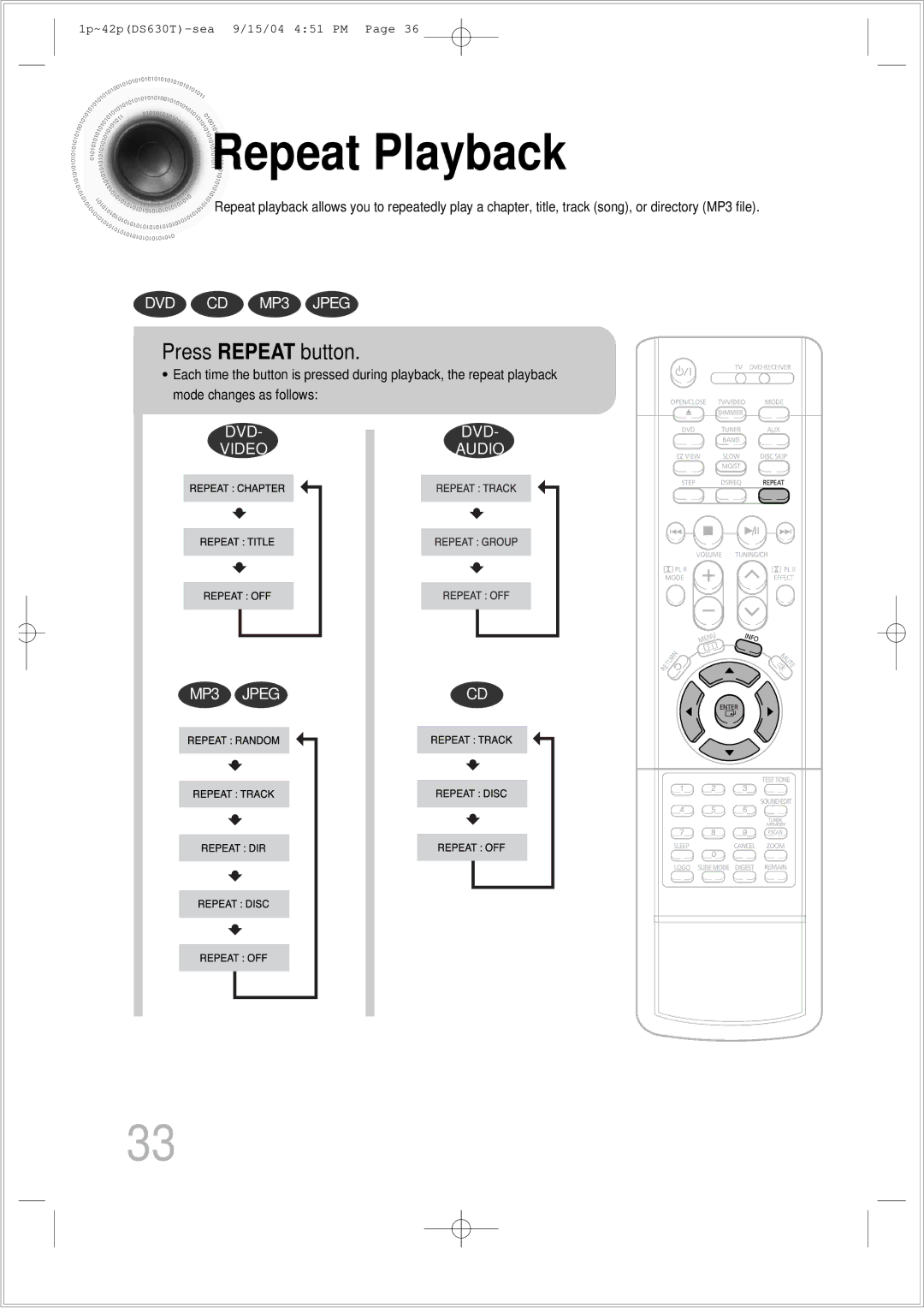 Samsung HT-DS630T instruction manual Repeat Playback, Press Repeat button 