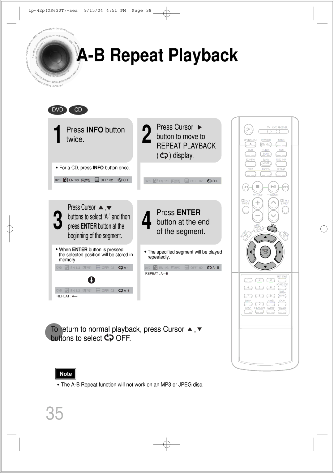 Samsung HT-DS630T instruction manual Press Info button twice, Press Cursor, Press Enter 
