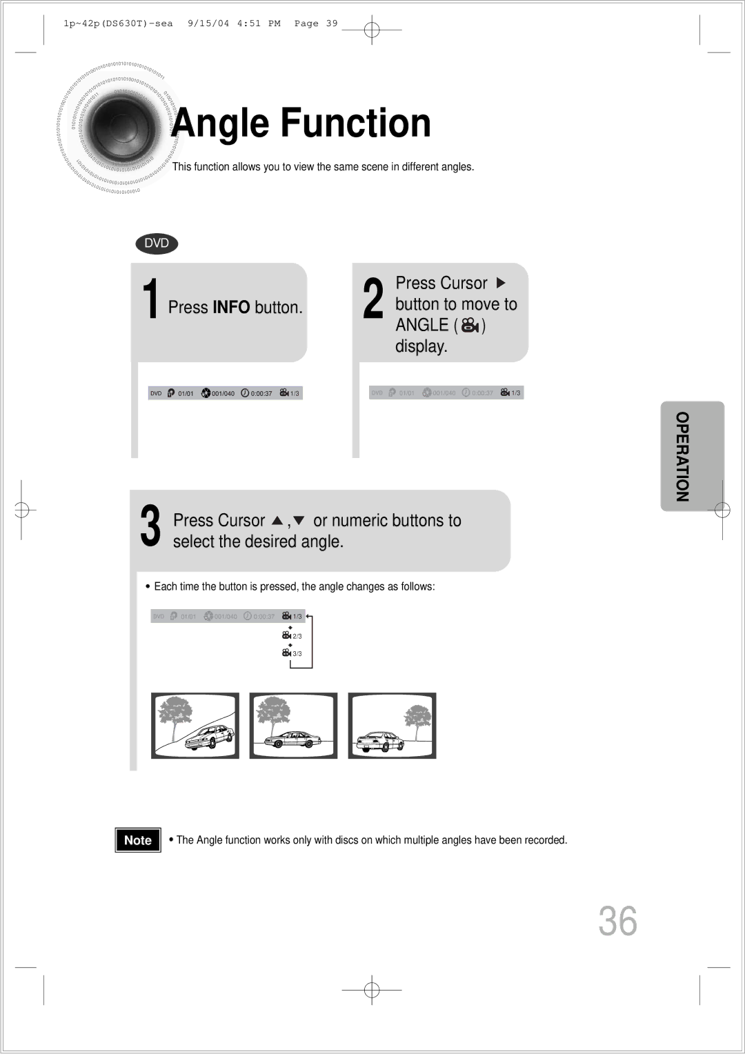 Samsung HT-DS630T instruction manual Angle Function 