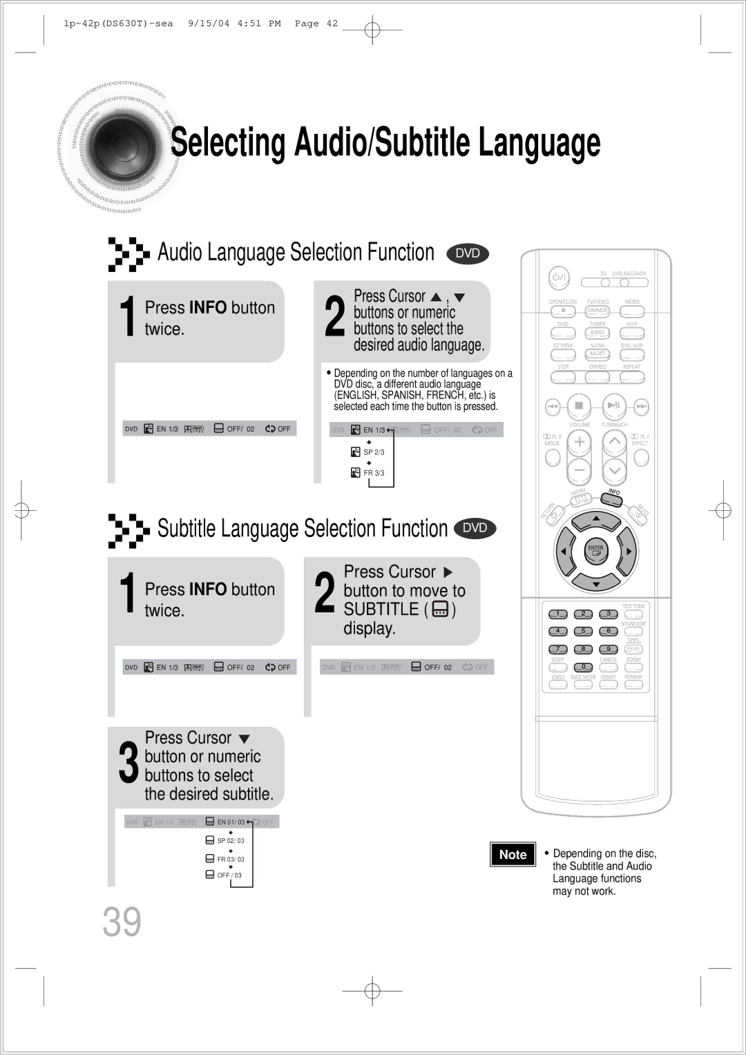 Samsung HT-DS630T instruction manual Press Cursor 1Press Info button 2 button to move to, Twice.SUBTITLE display 