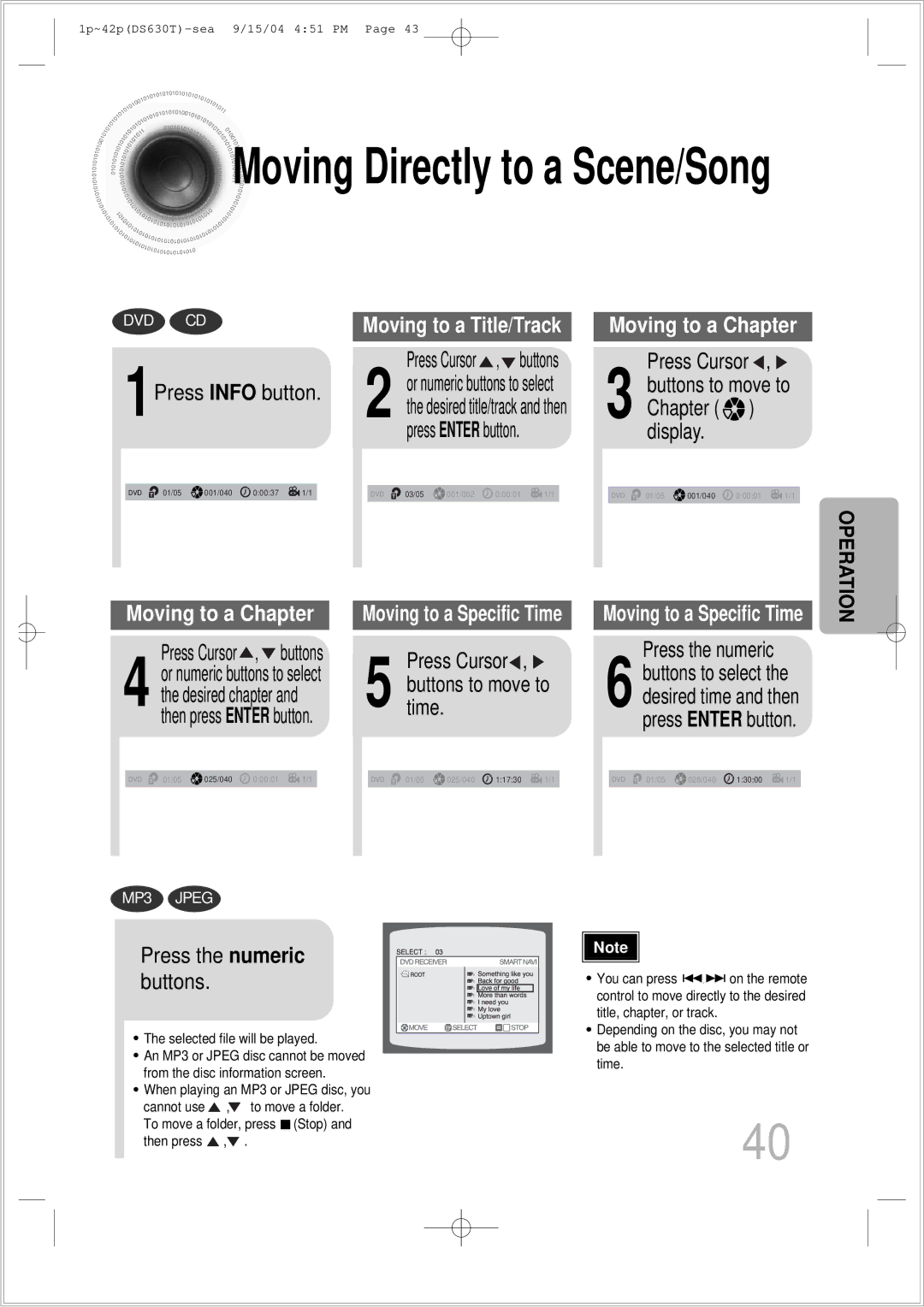 Samsung HT-DS630T instruction manual 1Press Info button, Press Cursor , buttons, Chapter display, Press the numeric 