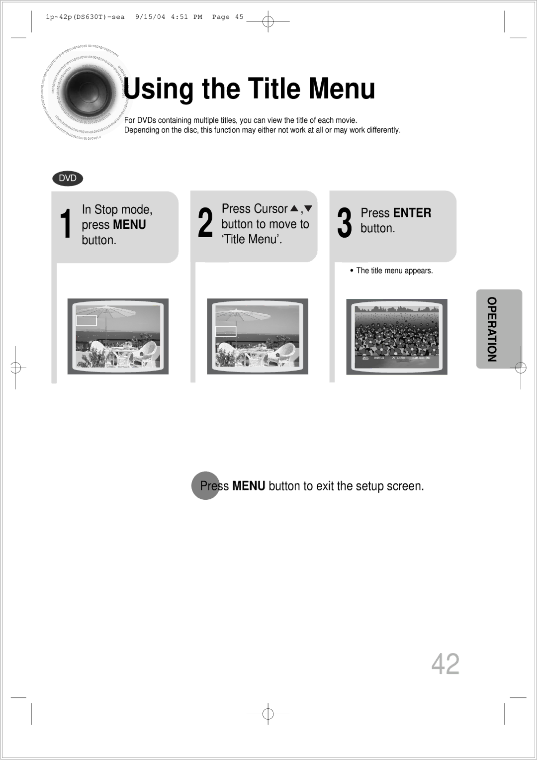 Samsung HT-DS630T instruction manual Using the Title Menu, Press Menu Button to move to ‘Title Menu’ 