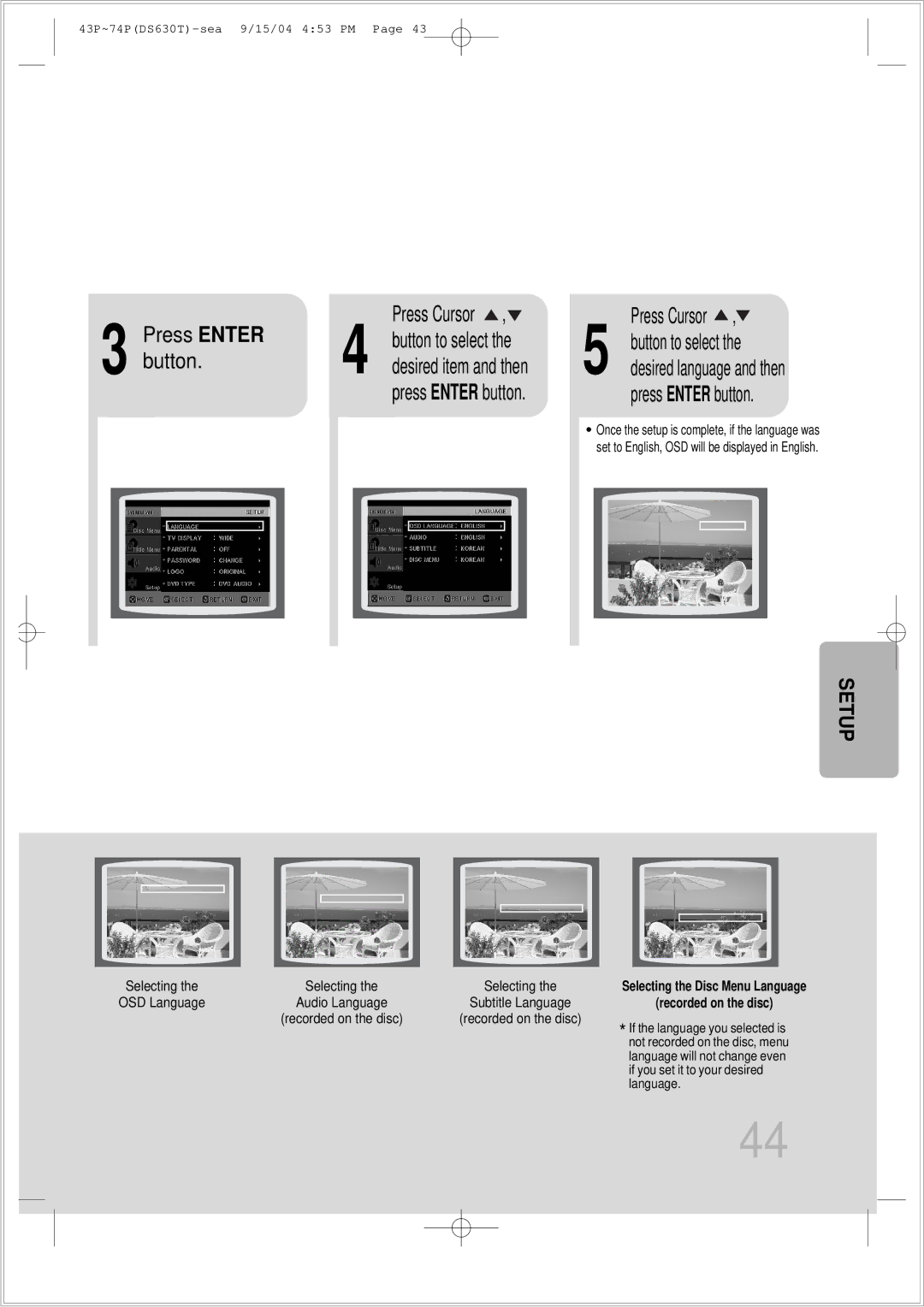 Samsung HT-DS630T instruction manual Press Enter Press Cursor, Button to select 