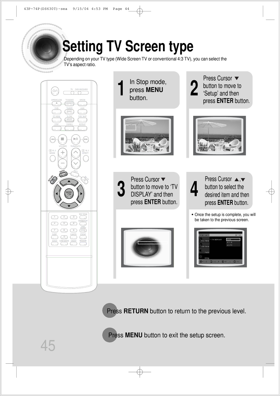 Samsung HT-DS630T instruction manual Setting TV Screen type, Press Enter button 