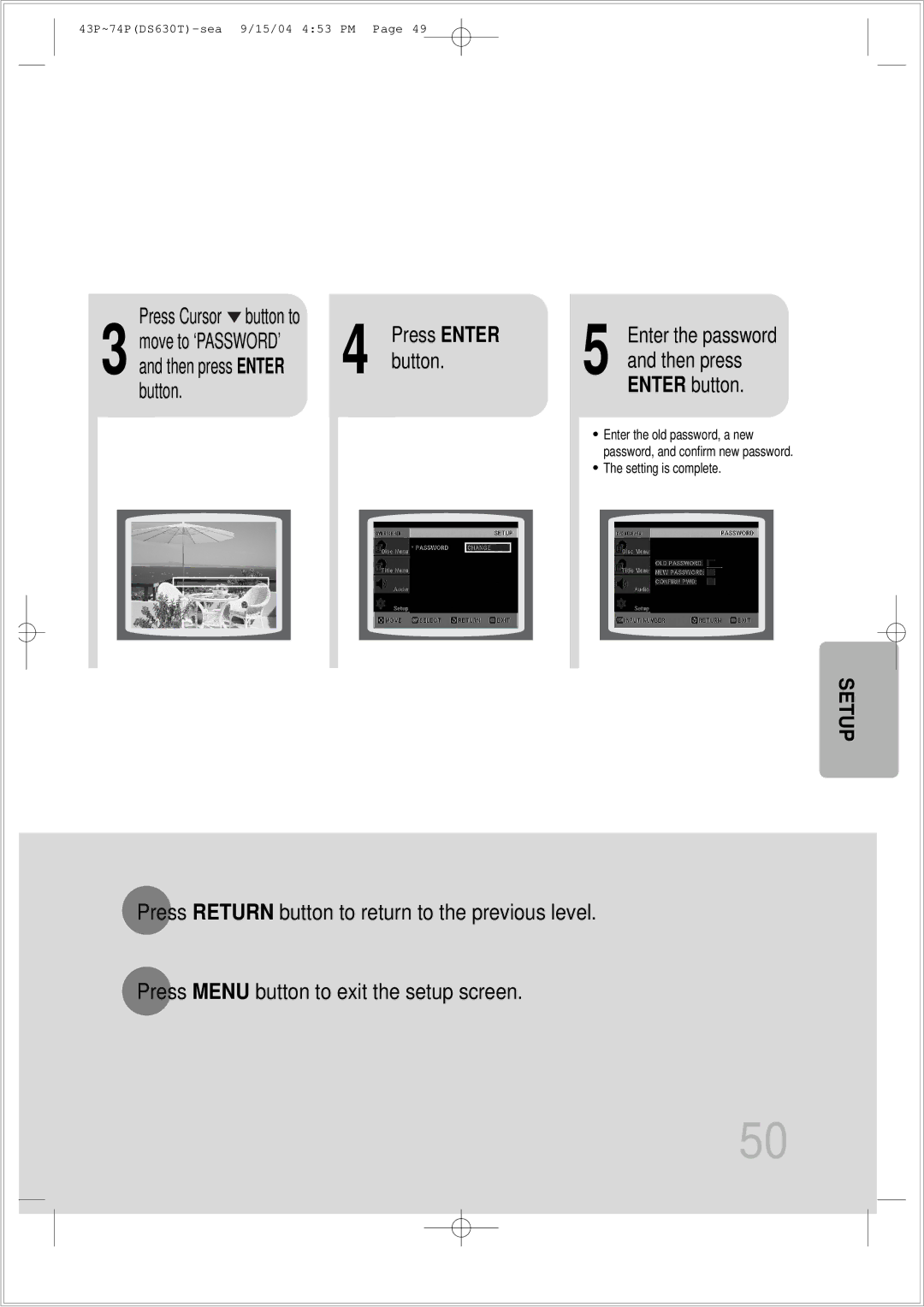 Samsung HT-DS630T instruction manual Button Enter button, Press Cursor button to, Then press 