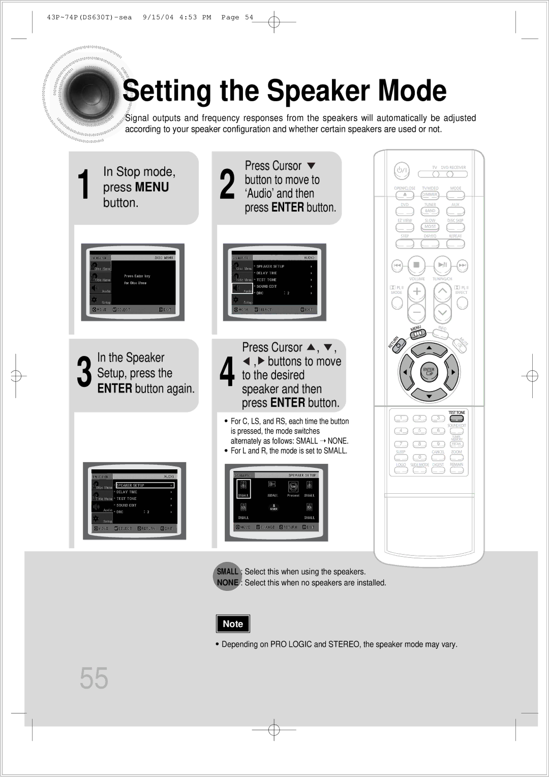 Samsung HT-DS630T Setting the Speaker Mode, Press Enter button Press Cursor, Buttons to move 4 to the desired 