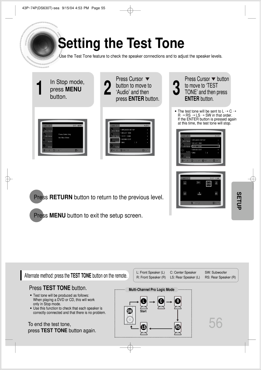 Samsung HT-DS630T instruction manual Setting the Test Tone, ‘Audio’ and then, Press Test Tone button, To move to ‘TEST 