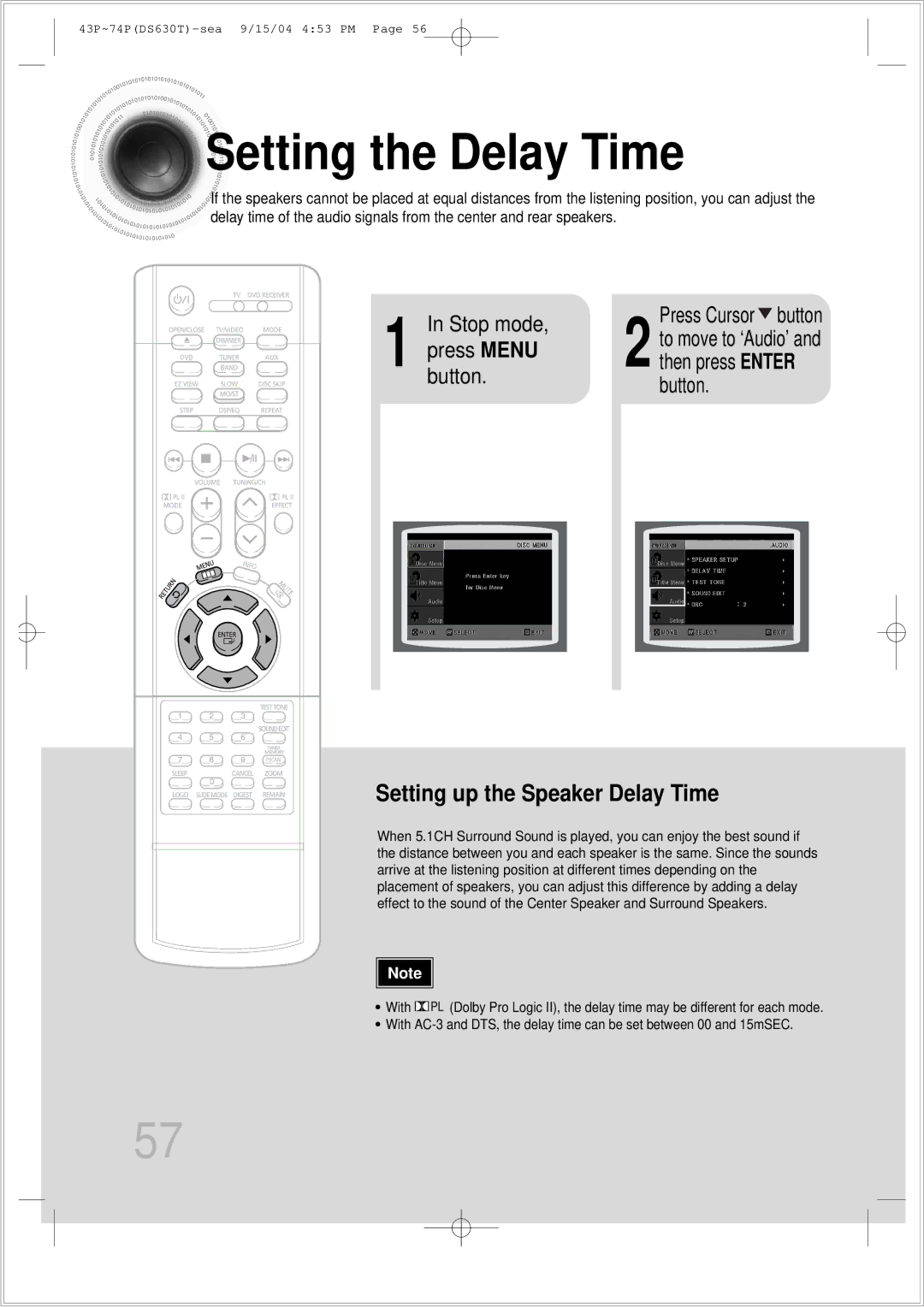 Samsung HT-DS630T instruction manual Setting the Delay Time, Press Cursor button 