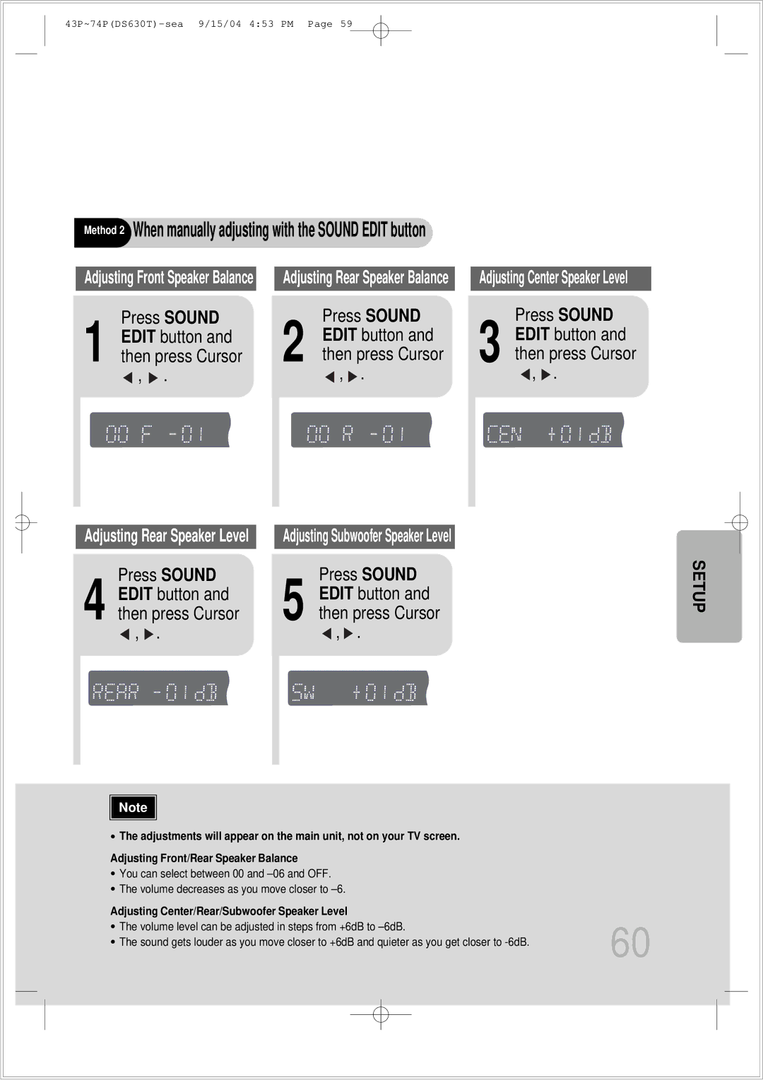 Samsung HT-DS630T instruction manual Press Sound, Edit button and then press Cursor 