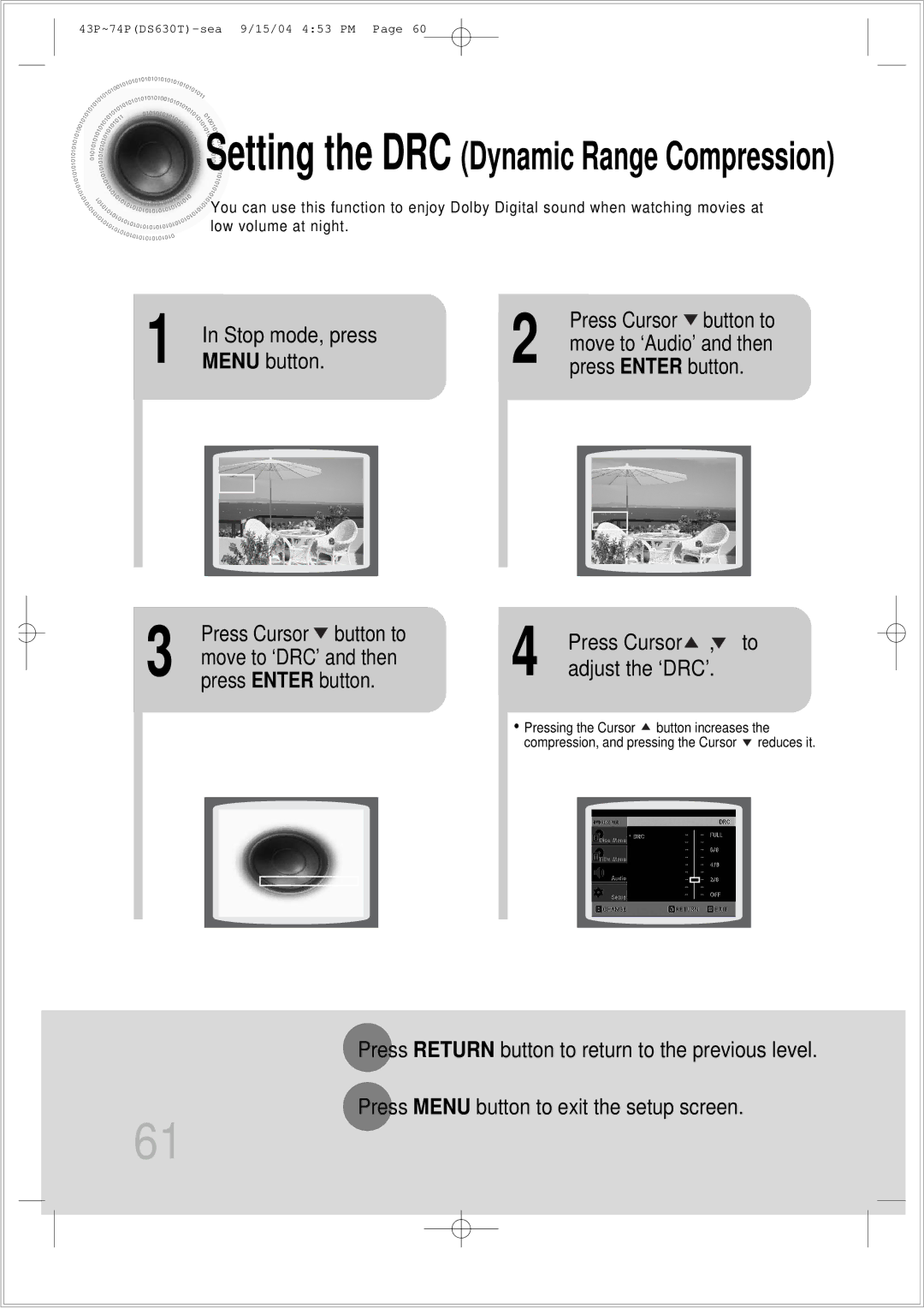 Samsung HT-DS630T Stop mode, press, Menu button, Press Cursor , to adjust the ‘DRC’, Move to ‘DRC’ and then 