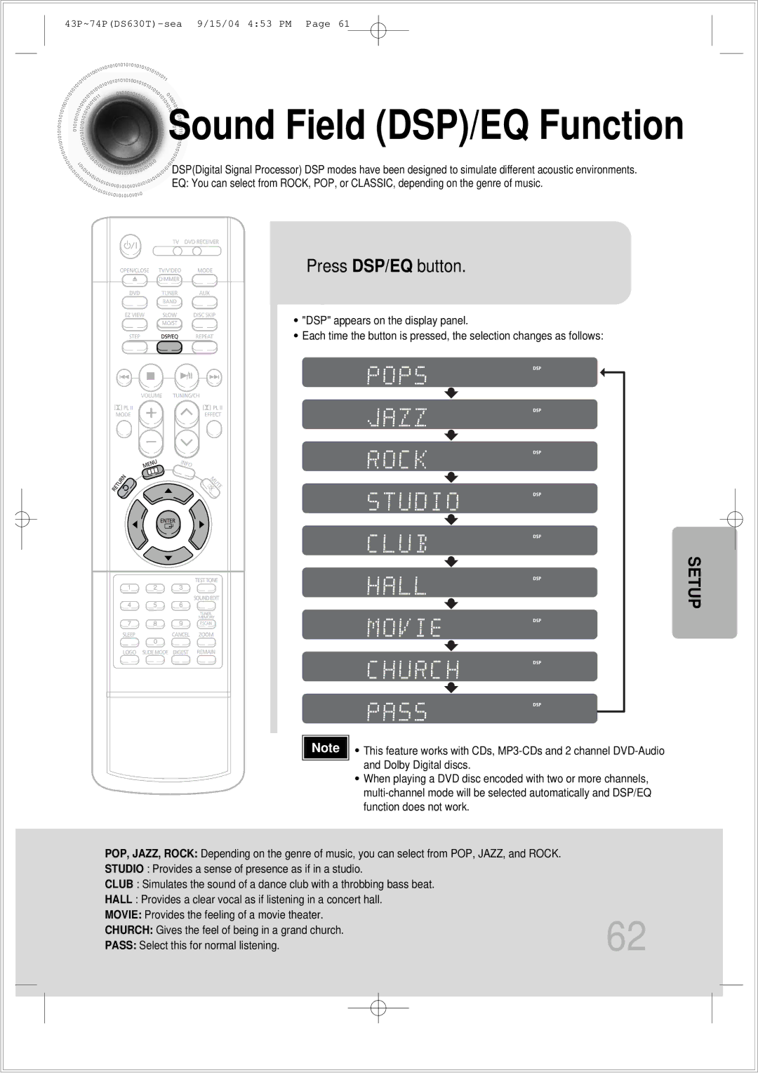 Samsung HT-DS630T instruction manual Sound Field DSP/EQ Function, Press DSP/EQ button 