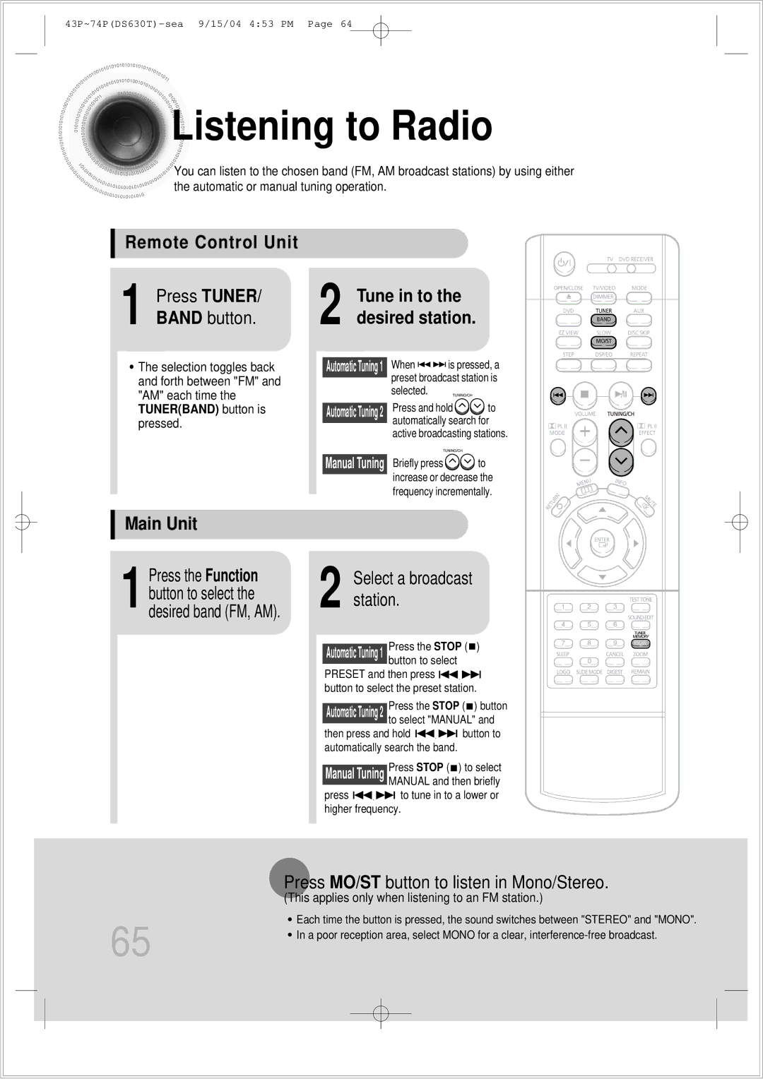 Samsung HT-DS630T instruction manual Listening to Radio, Remote Control Unit Press Tuner, Band button, Main Unit 