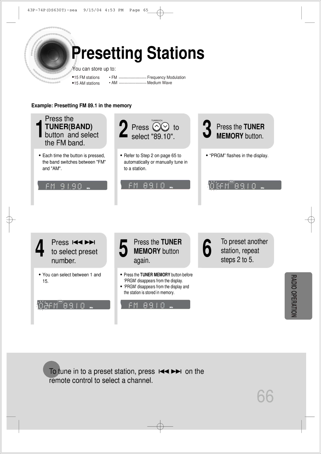 Samsung HT-DS630T instruction manual Presetting Stations, Press the Tuner, Memory button, Again, To preset another 