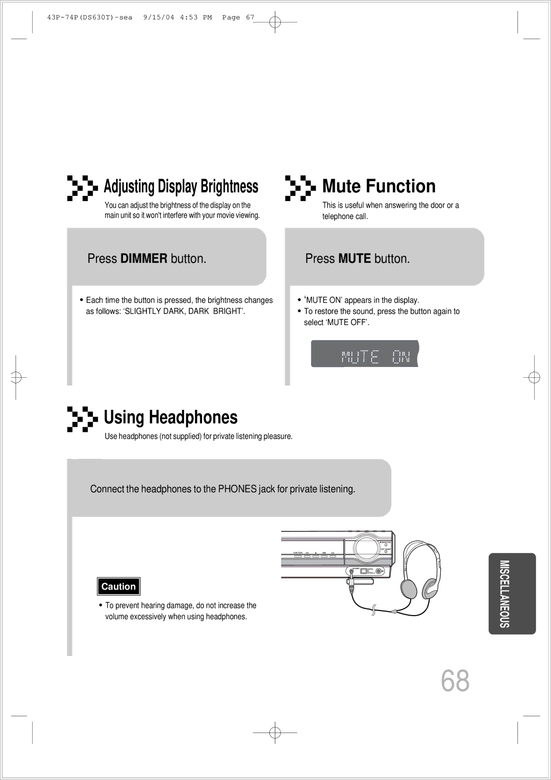 Samsung HT-DS630T instruction manual Press Dimmer button, Press Mute button 