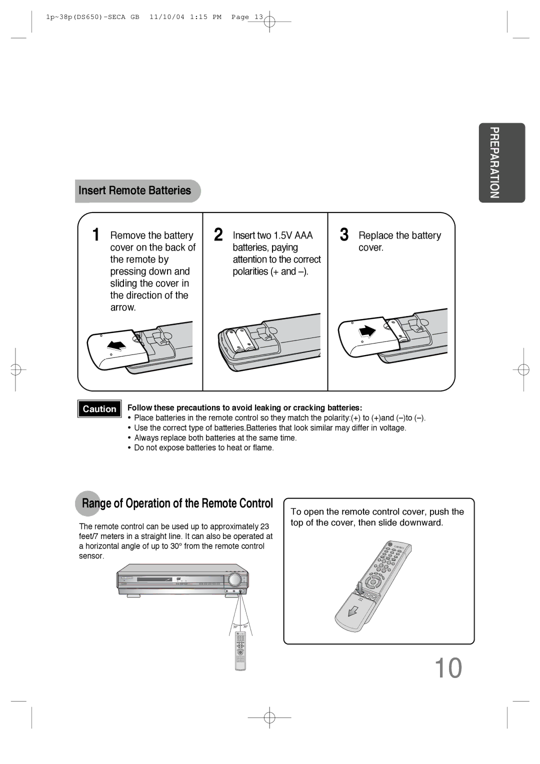 Samsung HT-DS650 instruction manual Insert Remote Batteries 