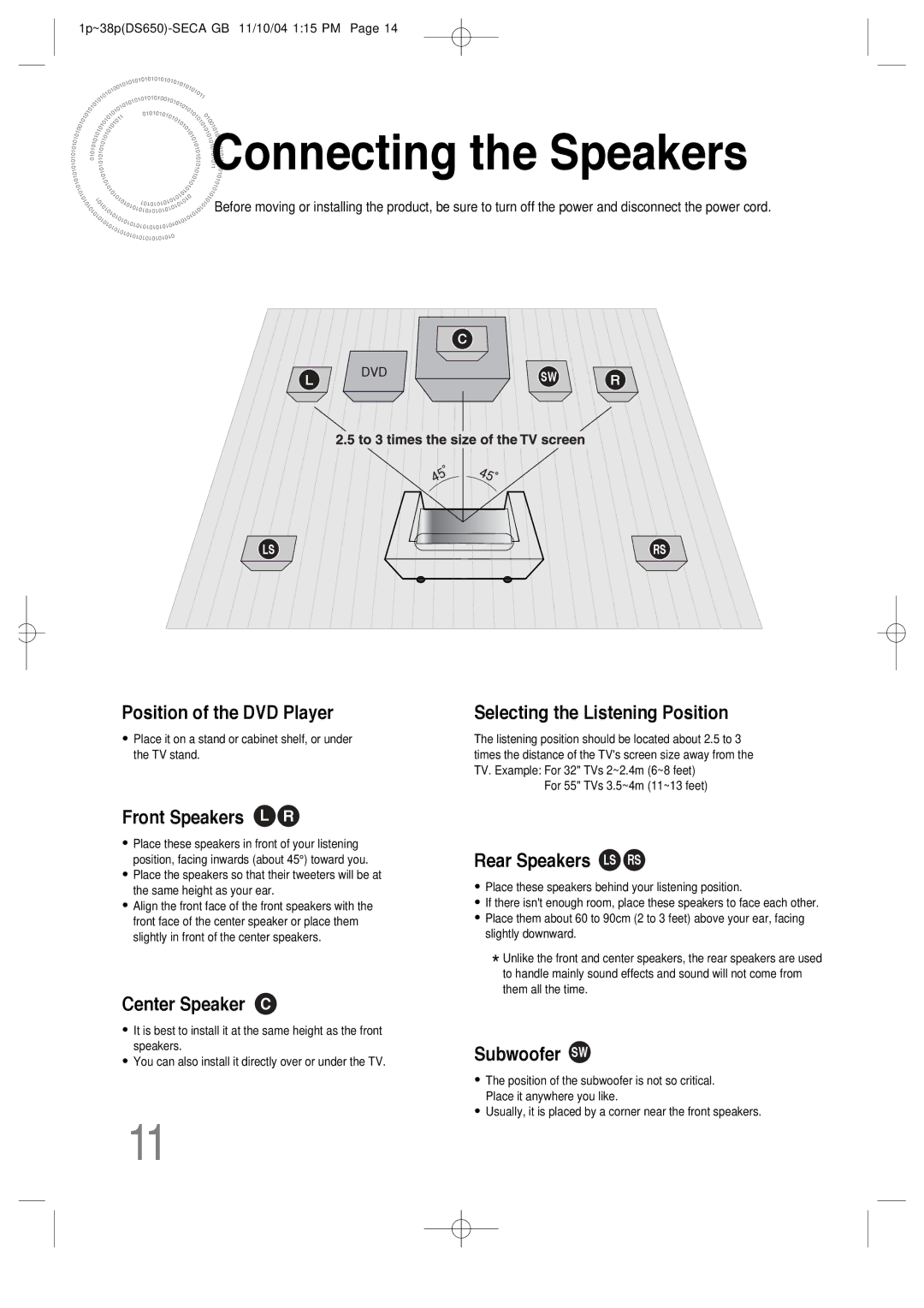 Samsung HT-DS650 instruction manual Connecting the Speakers 