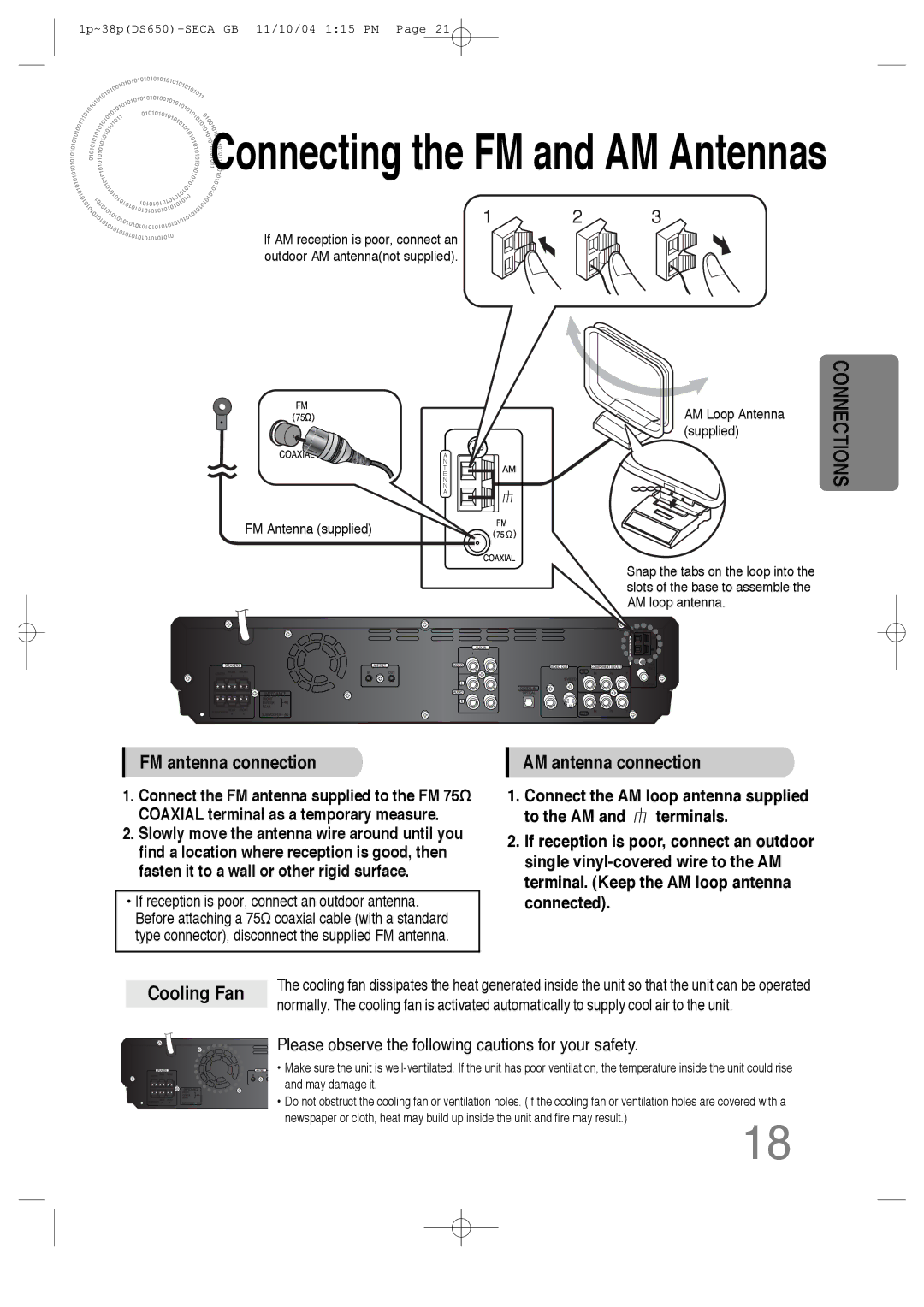 Samsung HT-DS650 instruction manual FM antenna connection AM antenna connection, Cooling Fan 