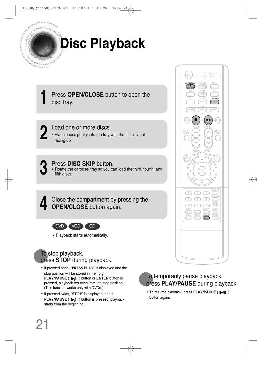 Samsung HT-DS650 instruction manual Disc Playback, Press Disc Skip button, To stop playback Press Stop during playback 