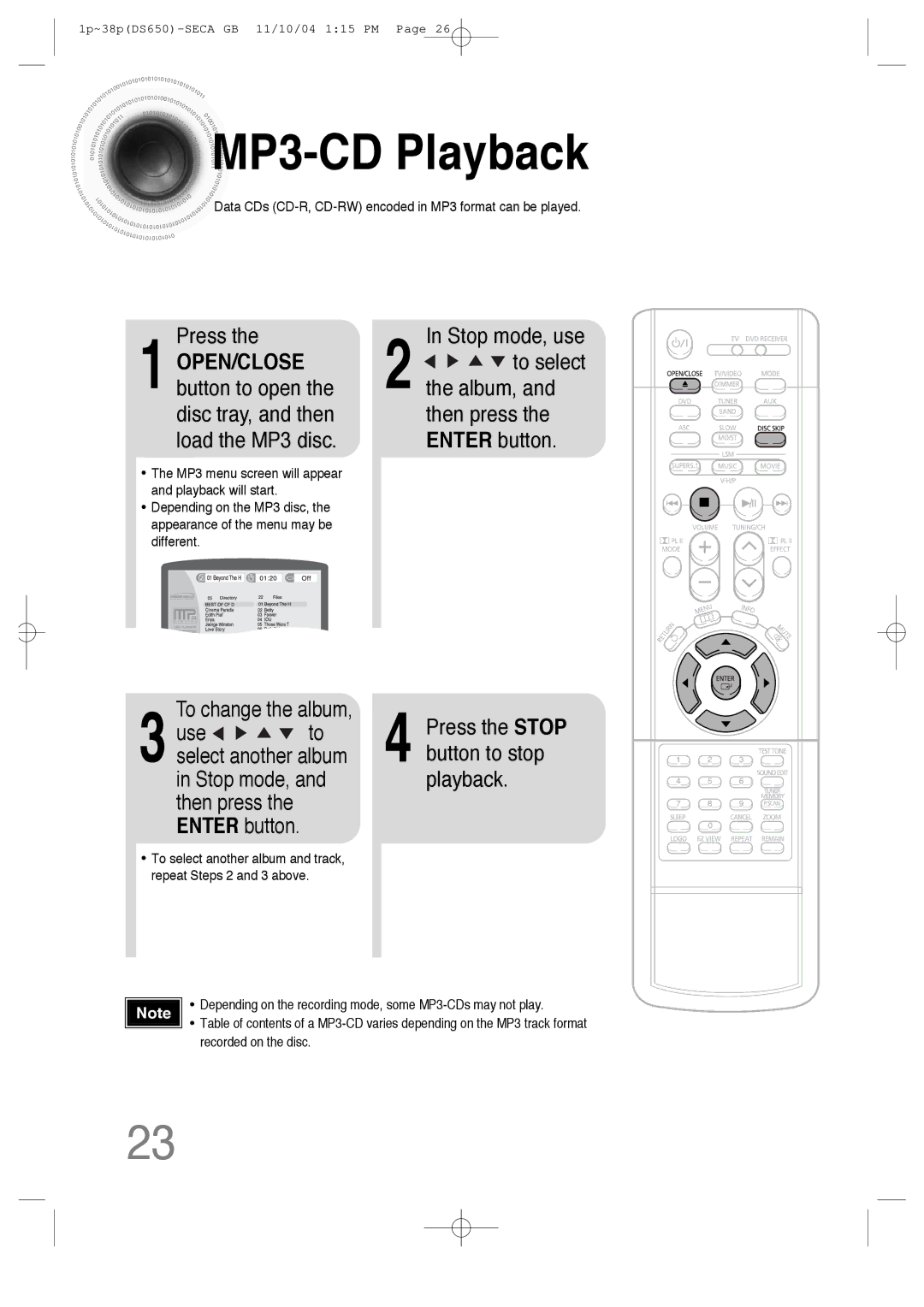 Samsung HT-DS650 instruction manual MP3 -CD Playback, Press, To select the album, Use, Stop mode, Playback 