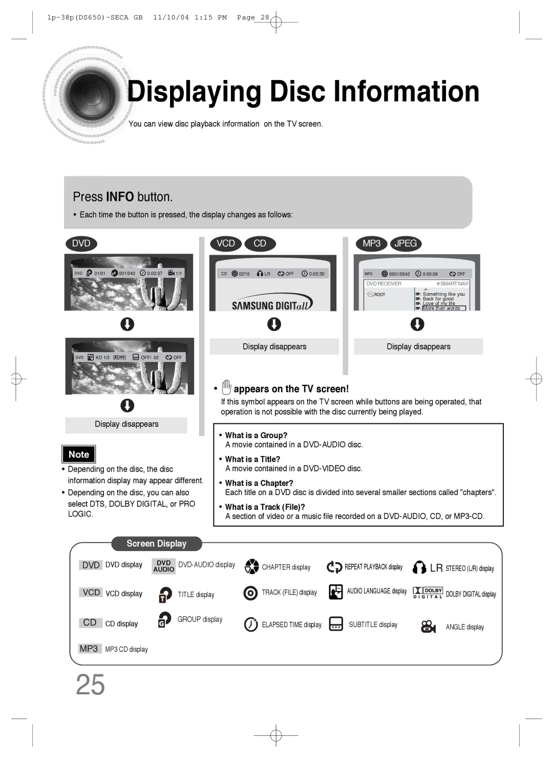 Samsung HT-DS650 instruction manual Displaying Disc Information, Press Info button 