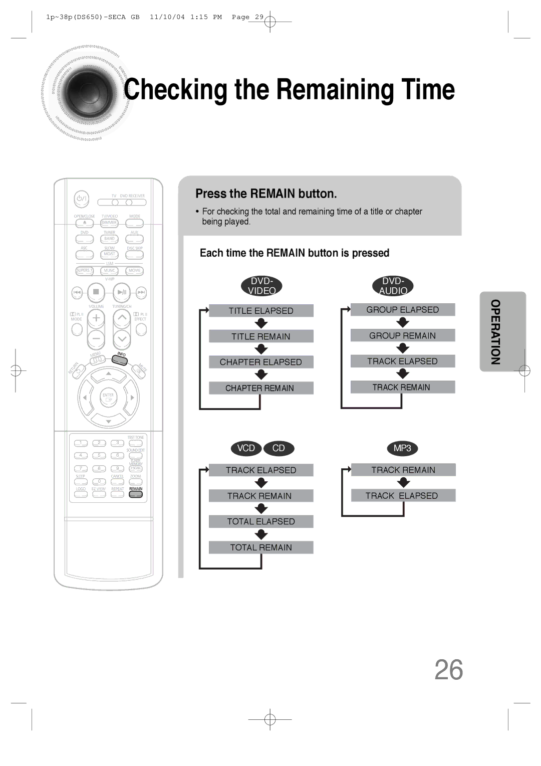 Samsung HT-DS650 instruction manual Press the Remain button, Each time the Remain button is pressed 