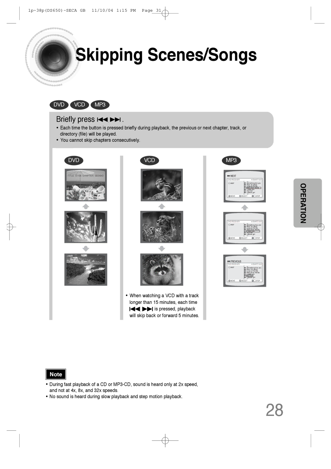 Samsung HT-DS650 instruction manual Skipping Scenes/Songs, Briefly press 