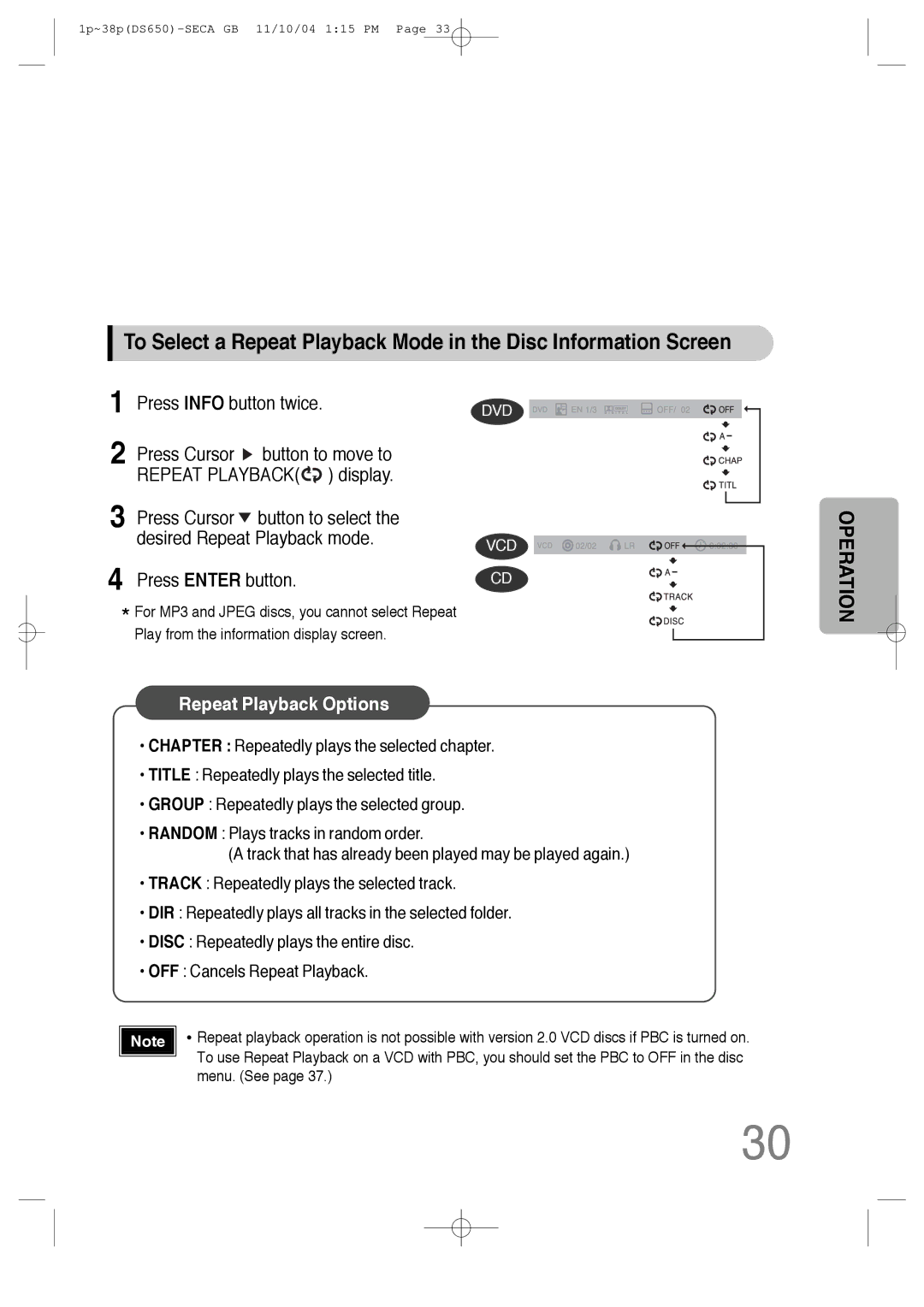 Samsung HT-DS650 instruction manual Repeat Playback Options 