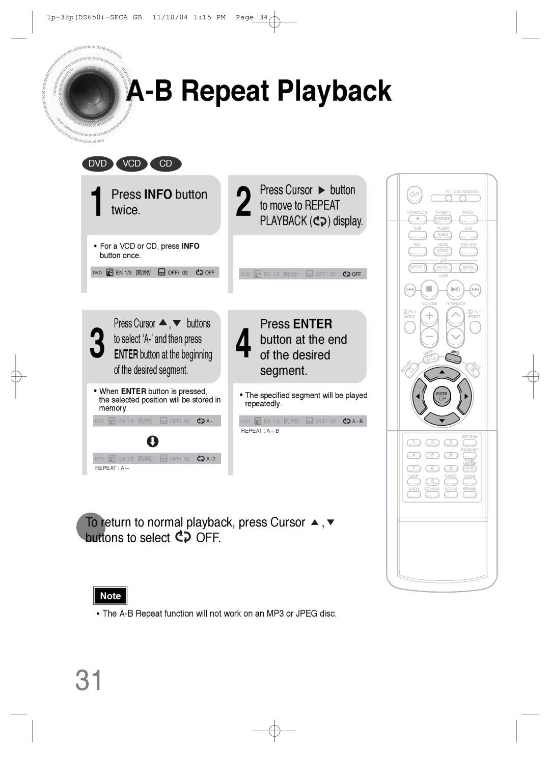 Samsung HT-DS650 instruction manual Press Info button twice, Press Enter 