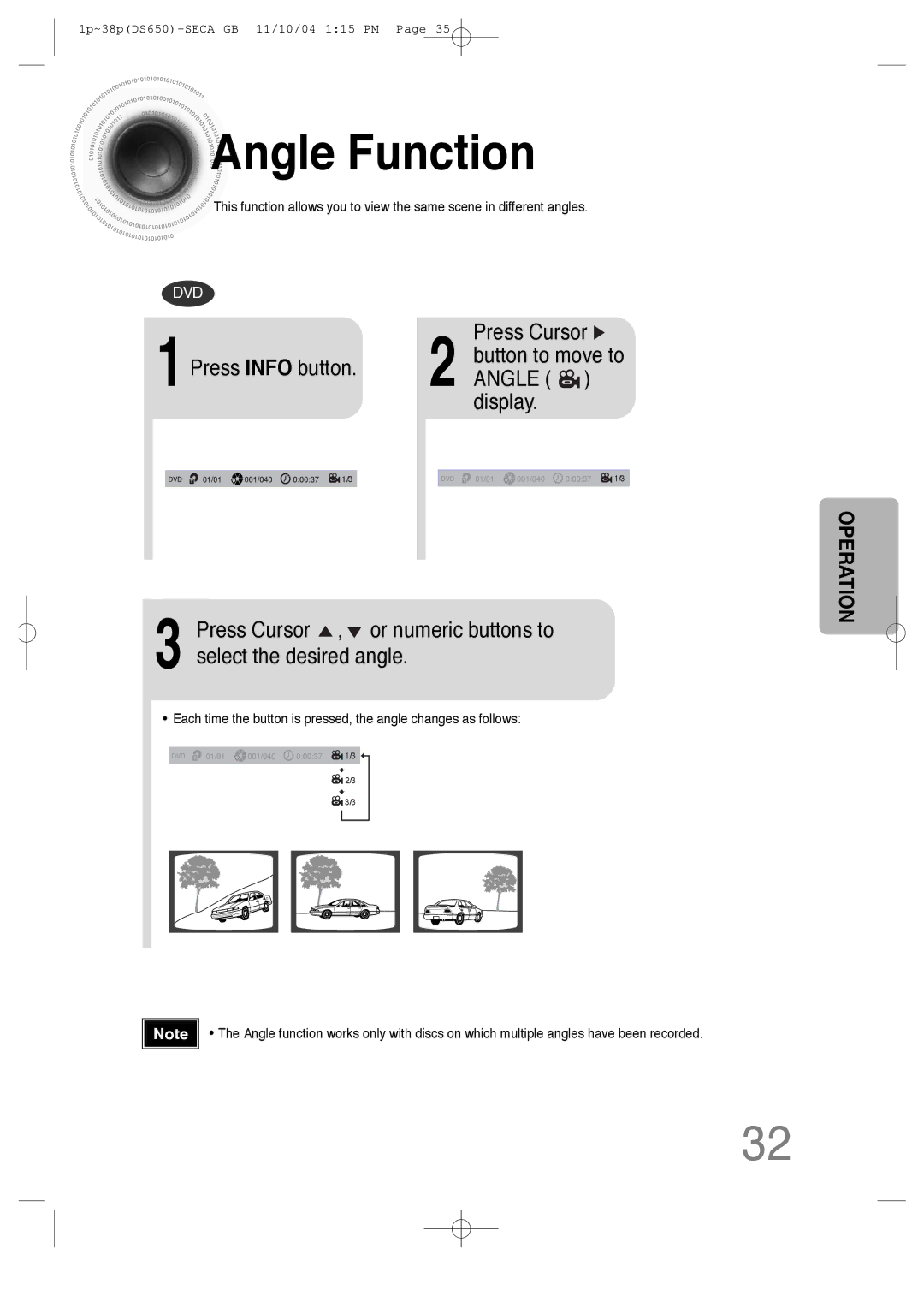 Samsung HT-DS650 instruction manual Angle Function, 1Press Info button Press Cursor 