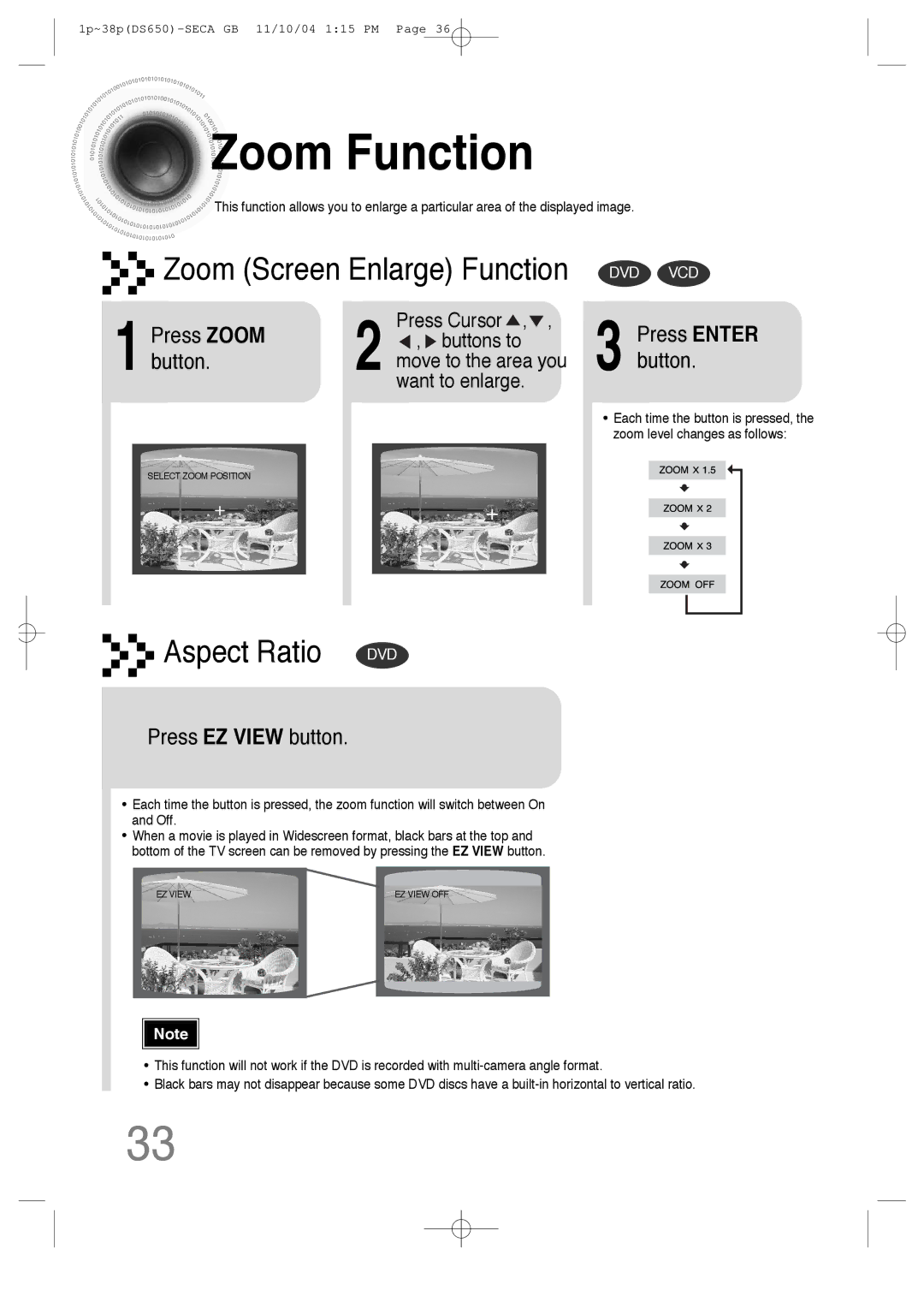 Samsung HT-DS650 instruction manual Zoom Function, Press Zoom, Button, Press EZ View button 