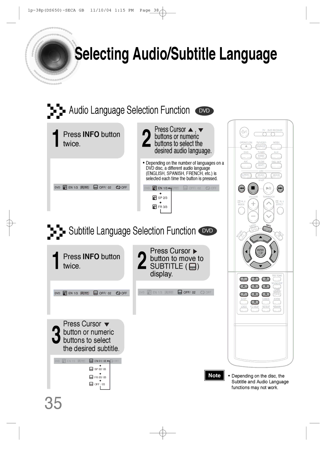 Samsung HT-DS650 instruction manual Press Info button Press Cursor, 1twice, Display, Desired subtitle 